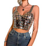 Toloer Silver Lily Single-Colored Bare Back Sexy Beads Shiny Women's Vest Top