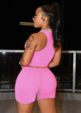 Sexy U-neck Sleeveless Solid Two Piece Shorts