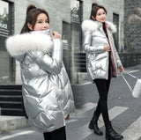 Jacket Women 2021 Female Parka Coat Mid Long Overcoat Hooded Warm Hooded Artificial fur collar Shiny Down Cotton