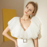 White Ruffle Shirt For Women V Neck Short Sleeve Patchwork Mesh Slim Blouses Female Summer Fashion Clothing