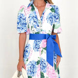 Printed Bohemian Dress Spring Summer New Short-Sleeved Belt A-Shaped Dress