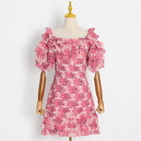 High Street Patchwork Ruffle Trim Dress For Women Square Collar Short Sleeve Gathered Waist Mini Dresses Female