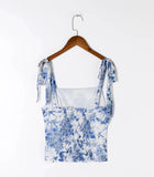 Adjust Bow Strap Blue White Floral Print Camis Women Summer Ruched Short Tank Tops Retro Cool Girl Sexy Slim Crop Top Tees-Outfit