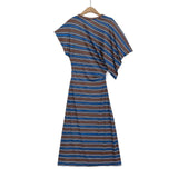 Striped Slanted Shoulder Short-Sleeved Woman Summer Small Fresh Loose Display Lanky Over-Knee Dress