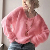 Glutinous V-Neck Long-Sleeved Sweater Woman 2025 Autumn And Winter Cover Solid Color Lazy Wind Loose Knitted Shirt