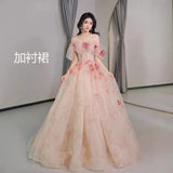 Three-Dimensional Flowers Shoulder Small Tail Dress Bridal Toast Banquet Fairy Fluffy Skirt Evening Dress