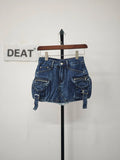 Women's Denim Skirt Solid Color Washed 3d Pockets Design A-line High Waist Cargo Mini Skirt 2024 Summer New Fashion 29L6995-Outfit