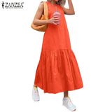 Summer Solid Maxi Dress ZANZEA Sleeveless A Line Robe Fashion Casual Ruffle Dresses Womens Elegant Beach