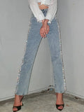 Women's Jeans High Waist Slim White ShinyDiamond Straight Denim Light Blue Pencil Pants 2024 Summer New Fashion 29L2979-Outfit