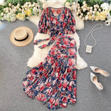 Pink/Blue Floral Print Chiffon 2pcs Set Women Boho Chic Bandage Short Tops + High Waist Mermaid Skirt Female Sets