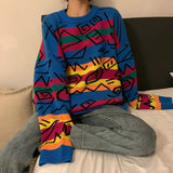 Retro Crazy Style Loose Pull Femme Graffiti Lover Rainbow Striped Knit Sweater O Neck Long Sleeve Patch