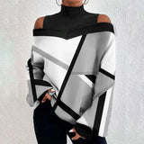 Women's Lantern Sleeves Geometric Print Tshirts Top Casual Loose Pullover High Neck T-shirt Roupas