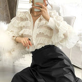 Spring Korean Ruffles Blouse Women Turn Down Collar Long Sleeve Tops Loose Heavy Work Cupcake Ol Shirt Feminino Blusas