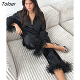 Elegant Black Feathers Lapel Shirts Elastic Waist Pants Suits Women 2023 Spring Two Piece Sets Autumn Loose Casual