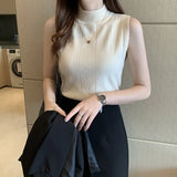 2021 Sleeveless Summer Blouse Women Korean Knit Elastic Casual Clothes Solid Turtleneck Fashion Ladies Tops Blusas 8623