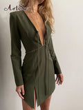 Elegant Fashion Office Lady Tie Up Mini Dress for Women Spring Fall Sexy Club Party V-Neck Bodycon Dresses