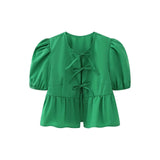 Women's Elegant Kawaii Summer Peplum Blouse Tops Short Puff Sleeve Round Neck Bow Tie-Up Front Babydoll Flare Shirts-Outfit