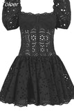 Hook Flower Hollow Dress For Women Square Collar Short Sleeve High Waist Casual Slim A Line Dresses Female Clothing 2023