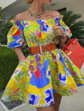 Printed Off Shoulder Puff Short Sleeve Mini Skater