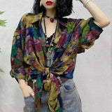 Contrasting Colors Printed Shirt Hong Kong Style Casual Single-breasted Female Clothing Polo-Neck Spring Bandage