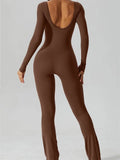 Women Backless Jumpsuits Solid Long Sleeve Round Neck Slim Fit Spring Fall Rompers Flared Long Pants Streetwear 2023-Outfit