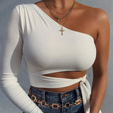 Sexy One Shoulder Cropped Tops Leopard Print Lace up T-shirts for Women Slim Fashion Autumn Winter Tees New