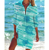 Women Printed Blouse Long Top Tunics Cardigan Half Sleeved Loose Beach Wear Swimwear Ladies Dresses Shirts Button 2023-Outfit