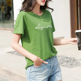 Women's Pullover Round Neck Solid Letter Printing Short Sleeve T-shirt Fashion Casual Large Office Lady Elegant Tops-Outfit