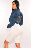 Fashion Blue Ripped Button Long Sleeve Short Jeans