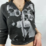 Y2K Print Gothic Black Hoodies Women Long Sleeve Casual 2021 Autumn Winter Zip Harajuku Sweatshirt Vintage Fashion