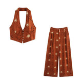 New Women's Sun-Print Linen-Blend Vest Blouse Wide-Legged Trousers