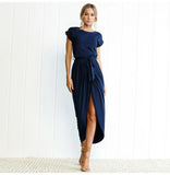 Summer Dress Female Short Sleeve Irregular Slit Fashion Short Sleeve O-neck Pullover Bodycon Slim Long Dress