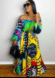 Multi-Color Print Off Shoulder Africa Long Maxi