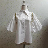 Elegant Solid Women's Shirt Lapel Puff Short Sleeve Patchwork Diamonds Loose Fashion Woman Blouses 2022