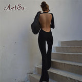 Black Stretchy Bodycon Jumpsuits Women Sexy Backless Slim Flare Rompers Streetwear Casual Work Out