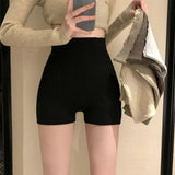 Womens Autumn Winter Skinny Basic Yoga Shorts Solid Color High Waist Knitted Slim Thighs Stretchy Short Pants-Outfit