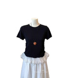 Lace Spliced Under Hem Short Sleeve Lace T-Shirt Summer New Slim White Collar Showing Thin Bottom