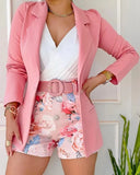 Fashion Women Autumn Coat And Print Shorts Two Piece Sets Elegant Blazers Shorts Suit With Belt Vestiti Interi