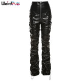 Puss Faux Leather Pants Cyber Y2K Vintage Stacked Zipper Side Slit Drawstring Pencil Pants Trend Streetwear Slim