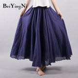 Linen Cotton Vintage Skirt Women Solid Beach Boho Pleated Maxi Skirts Summer Fashion Retro Elastic Waist Saia