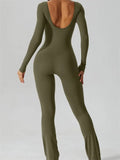 Women Backless Jumpsuits Solid Long Sleeve Round Neck Slim Fit Spring Fall Rompers Flared Long Pants Streetwear 2023-Outfit