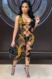 Party Sexy Multi Color Print 3 Piece Lace-Up Dress