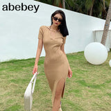 Dress 2022 White Black V Neck Tight Knitted Dress With Slit Y2k 90s Plus Size Short Sleeve Bodycon Midi Womens