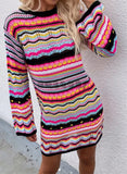 Multicolor Strip Round Neck Long Sleeve Sweater