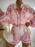 Early Spring Court Wind Lantern Sleeve Single Door Lamp Printed Shorts
