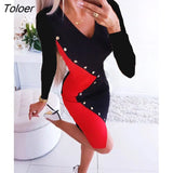 Ladies Dress Long Sleeve V-neck Bodycon Patchwork Buttons Elegant Short Dresses 2022 Spring Autumn Women Slim Mini