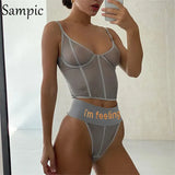 Sexy Women Casual Letter Embroidery Summer Mesh Shorts Set See Through Croset Tops And Mini Shorts Two Piece Set
