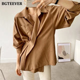 Casual Turn-down Collar Women Solid Blouses Tops 2021 Autumn Full Sleeve Pocket Female Shirts Elegant Ladies