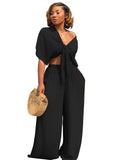 Summer Clothes Casual 2 Two Peice Set Outfits Women Short Sleeve Bandage Crop Top Baggy Pants Black Gray Matching