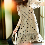 Stylish Polka Dot Printed Chiffon Midi Dress Summer Elegant Folds Patchwork Women's Clothing Loose A-Line O-Neck